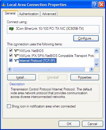 X Windows XP Verify if Internet Protocol (TCP/IP) is added. 1. Click start, then Control Panel, then Network and Internet Connections. 2. Right-click Network Connections, then click Properties. 3.