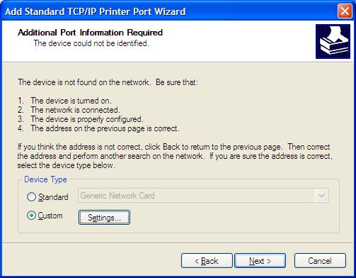 X 4. Add Standard TCP/IP Printer Port Wizard will be started. Click Next. 5. Add TCP/IP Printer Port. Type in the IP address configured to LAN board.