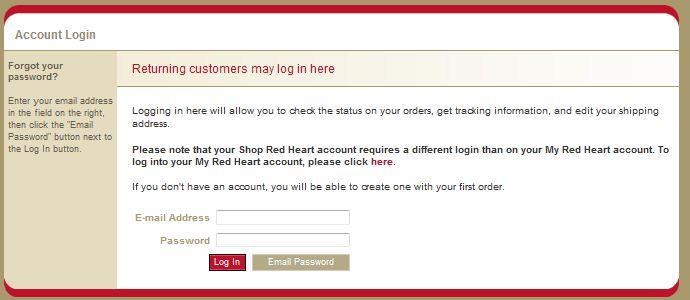 Next, you need to either Register or Log In. NOTE: Please note that www.coatsandclark.com, www.redheart.com and shopredheart.com are all different websites and run off of different systems.