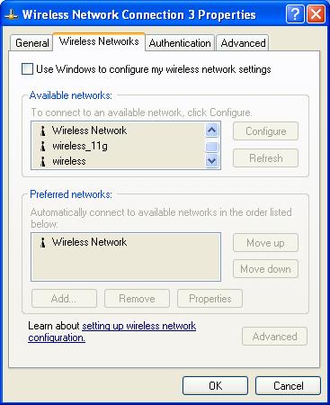 4. Click on the Wireless Networks tab, you will then see the following screen. 5.