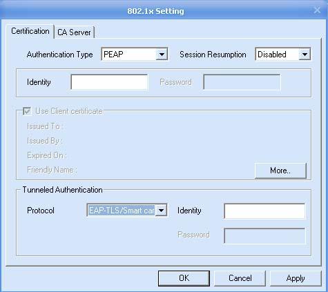 3.5.4.1 PEAP Authentication with EAP/TLS Smartcard EAP/TLS Smartcard provides for certificate-based and mutual authentication of the client and the network.
