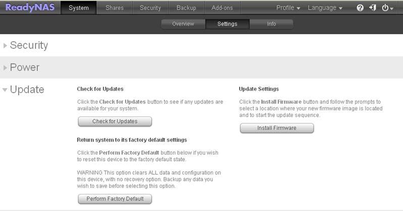 3. Select Configure > System > Settings, and click Update to expand that section. 4. Click the Install Firmware button.