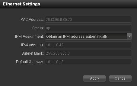 2. In the Network section, click the Ethernet configure icon. 3. (Optional) Select an ipv4 assignment method: Obtain an IPv4 address automatically.