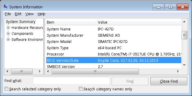 2.2 Determining the existing BIOS version and the IPC type To determine if a BIOS update is necessary, the currently used BIOS version must be determined.