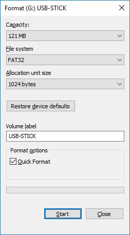 Figure 2-12 6. Select FAT or FAT32 as the file system and press the "Start" button to format the USB stick. Figure 2-13 7.