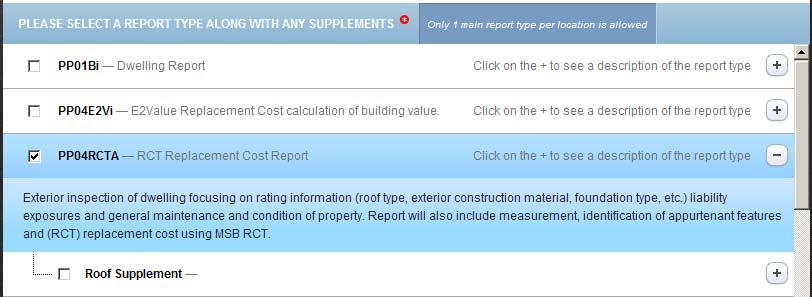 REMINDER: Only one main report type can be selected per order. All available supplements will be visible after main report type is selected.