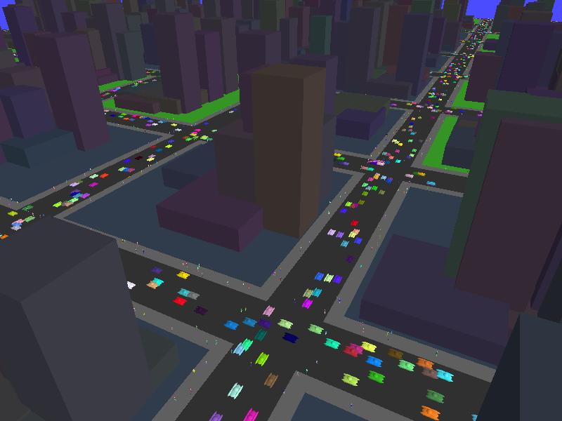 Figure 4.2: City scene. scene is usually generated with 200000 objects for the tests. Figure 4.3 shows a screenshot from one of the tests on this scene.