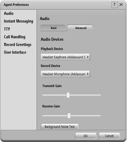 In the Agent Preferences window, click on Audio and then select the Advanced tab.