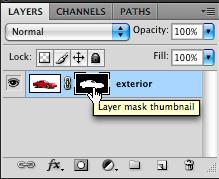 10. As shown to the right, in the Layers panel the layer mask thumbnail will already be selected. The extra border around the layer mask thumbnail indicates you are working on the mask, not the image.