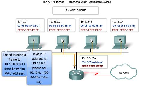 The ARP Process Mapping IP to MAC Address The ARP protocol provides two basic functions: Resolving IPv4 Addresses to MAC Addresses For a frame to be placed on the LAN media, it must have a