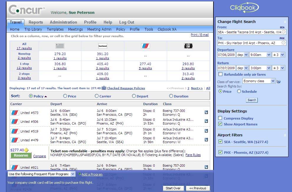 Step 1: Make a Flight Reservation (Continued) 12. Click the appropriate seat to select it, and then click Select Seat. To change your seat, click the seat you prefer.