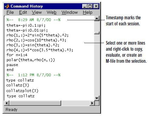 2. Command History Input data enter in the command window are logged in the Command History window.