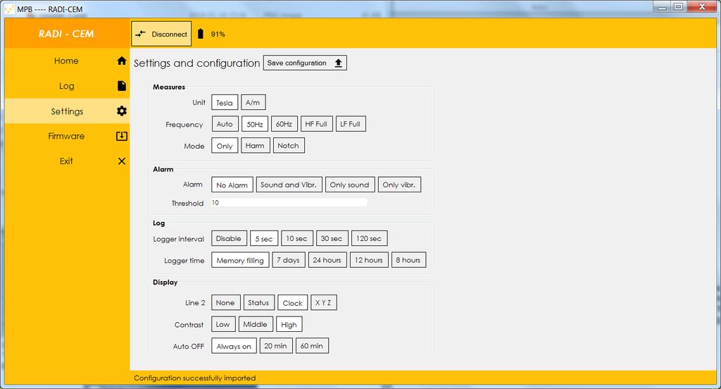 5.3. Configuration From the side menu, click on Settings: if the instrument is connected to the PC you will see the Configuration successfully imported, otherwise you will have to connect it Figure