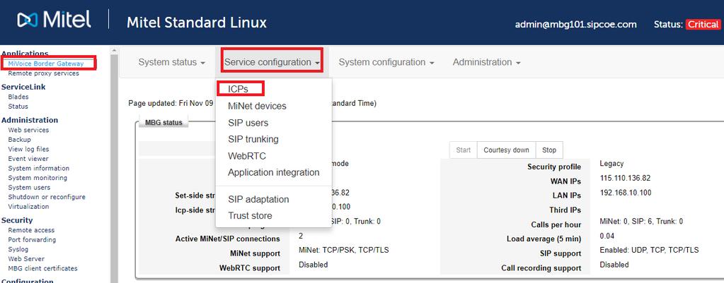 To do this: Login to MBG and click MiVoice Border Gateway In right pane, click Service Configuration tab and then ICPs (see Figure 36 for