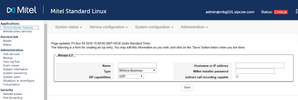 Figure 37 ICP configuration page To add a new SIP trunk: Click Service Configuration tab and then click SIP trunking as