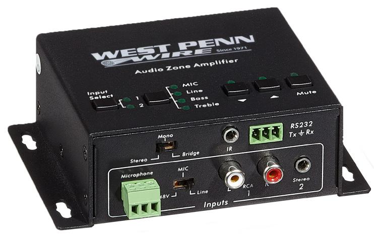 20 Watt Amplifier AV-AMP-20W The West Penn Wire 2x20W AMP Mic In, Audio In zone amplifier is a Class D digital amplifier that allows one (1) analog source to feed a pair of 20W per channel stereo