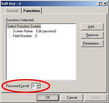 With raising importance of the functions you may set a password level from 0 to 9 at the project engineering of soft keys. Enter Level 0 to deactivate the password request.