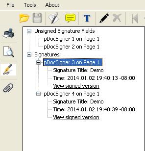 The list of signed and unsigned signature fields along with details is displayed.