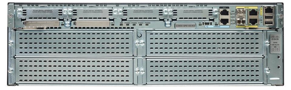 The Cisco 3900 Series offers embedded hardware encryption acceleration, voice- and videocapable DSP slots, optional firewall, intrusion prevention, call processing, voicemail, and application