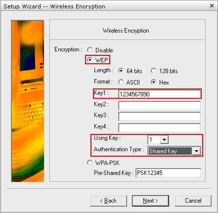 Step 7 At the Wireless Encryption screen you can enter the wireless security settings of your router. If you do not use encryption, click Disable and then Next.