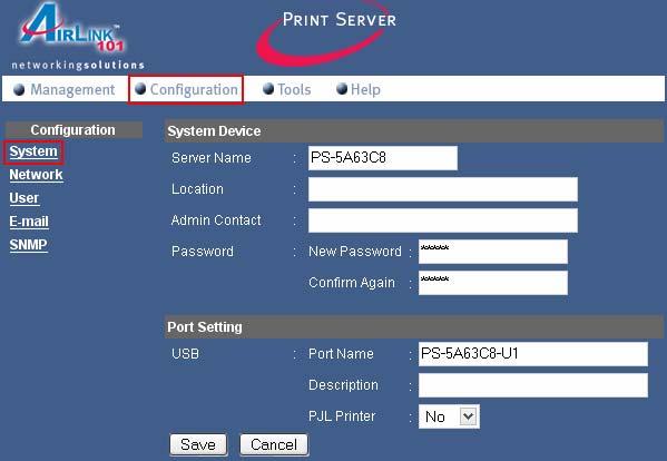 3.3 Configuration The Configuration category allows you to set up the configuration of System, Network, User, Email, and SNMP. 3.3.1 Configuration System Click System item of Configuration to display the following page, which contains two fields: System Device and Port Settings.