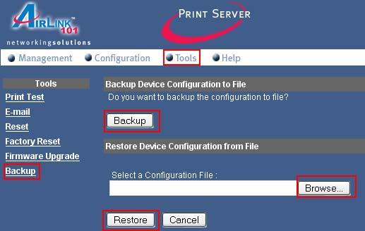 3.4.6 Tool Backup Backup Device Configuration to File Click Backup button to backup your current configuration of the MFP Server to file and restore it in the computer.