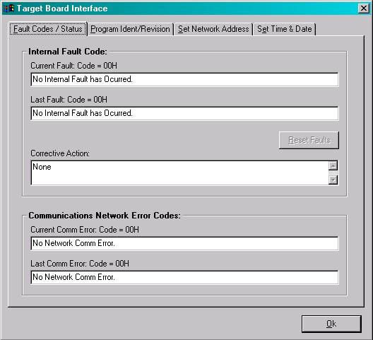 5.4.1 TARGET BOARD INTERFACE This function allows the user to view fault codes, S3000 network communication error codes and review the current Ident and Revision of the application program.