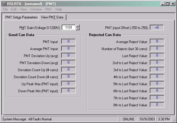 View PMT Data: The View PMT Data selection is used to view the good can and reject data in real time as well as manually fine tune the PMT gain.