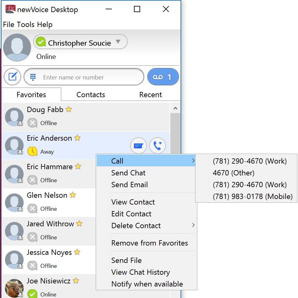 Contact Lists In the Favorites, Contacts, or Recent list, select an entry and right-click an entry to open these options: Call the individual; view contact numbers in the submenu Open an online chat