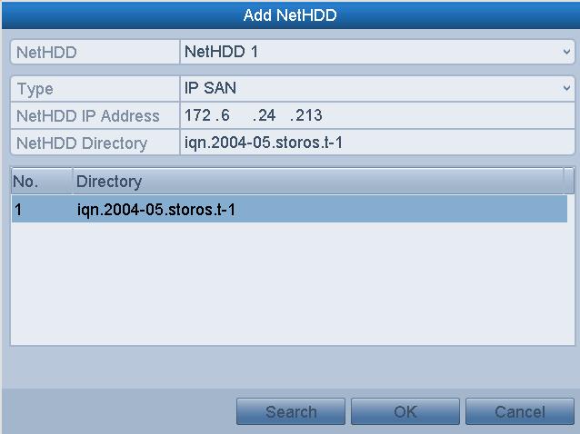 Add IP SAN: 1) Enter the NetHDD IP address in the text field. 2) Click the Search button to the available IP SAN disks.