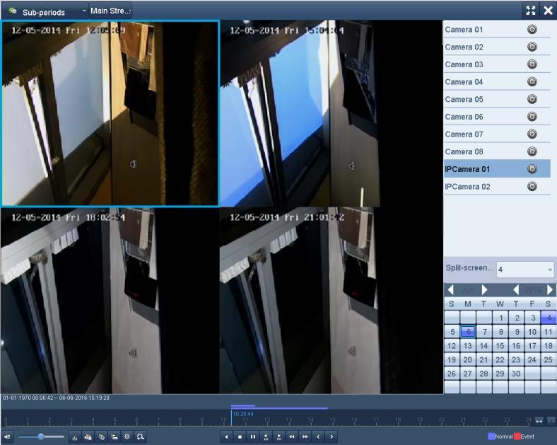 Figure 6. 20 Interface of Sub-periods Playback According to the defined number of split-screens, the video files on the selected date can be divided into average segments for playback. E.g., if there are video files existing between 16:00 and 22:00, and the 6-screen display mode is selected, then it can play the video files for 1 hour on each screen simultaneously.