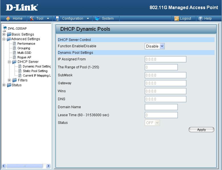 Using the Configuration Menu Home > Advanced Settings > DHCP Server > Dynamic Pool Settings DHCP Server Control: IP Assigned From: The Range of Pool (1-255): SubMask: Dynamic Host Configuration