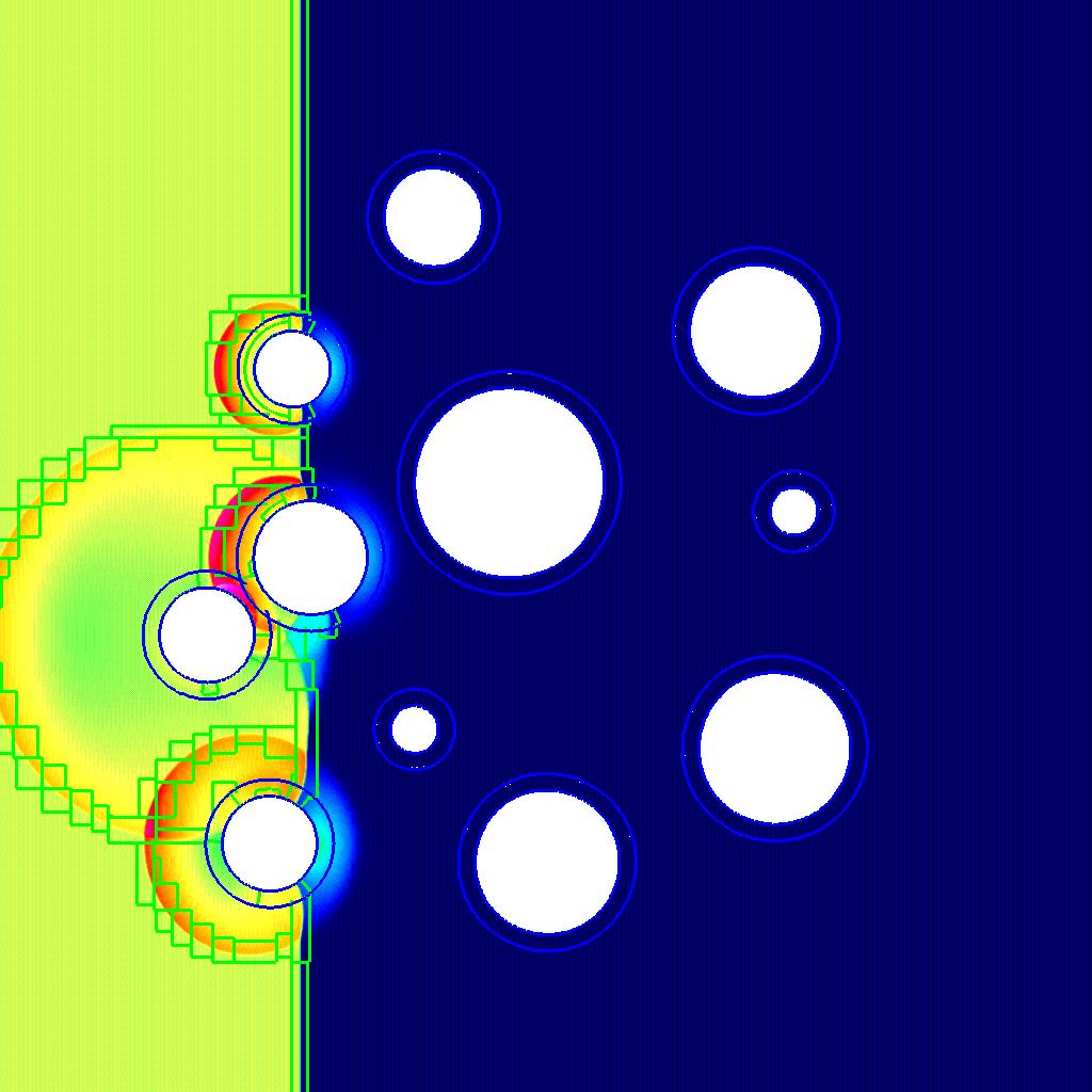 4 Henshaw Figure 3. A shock hitting a collection of moving cylinders. Contours of the density are shown along with the boundaries of the base grids (in blue) and the AMR grids (in green).
