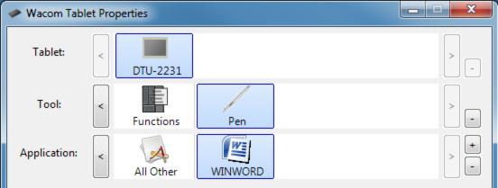 29 Control panel lists and tabs: The control panel TABLET, TOOL, and APPLICATION lists allow you to select the pen display or tablet, tool, or application for which you want to change settings.