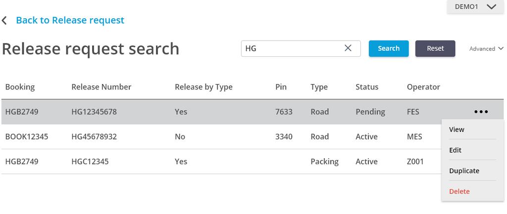 42 Release requests that match your search parameters are then displayed in a table, as shown in the following diagram.