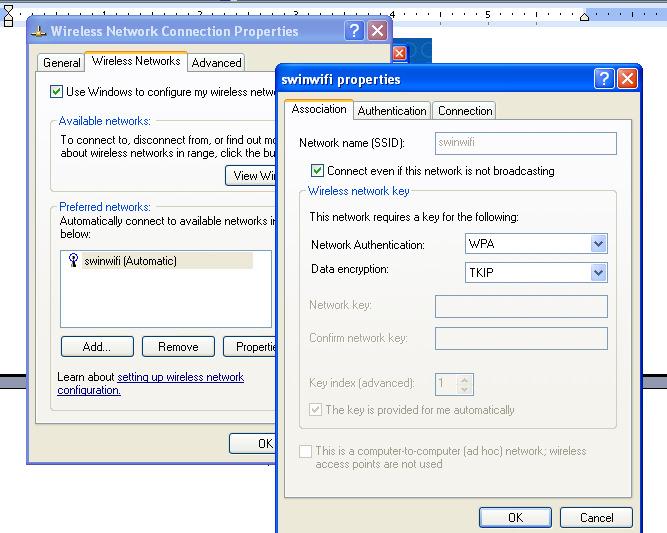 3. When popup windows Wireless Network Connection Properties appears, select Wireless Network tab. 4. In preferred networks box, select Swinwifi, then click Properties.