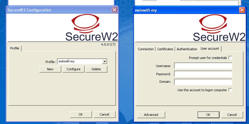 Change profile to swinwifi-my Uncheck Prompt user for credentials Click Configure 9.