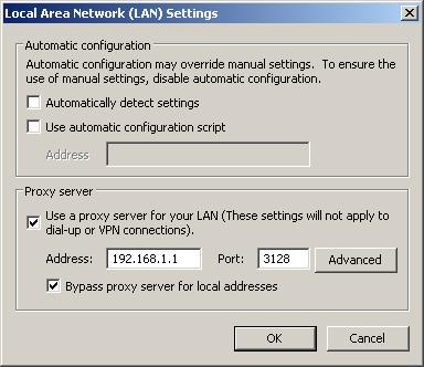 FIGURE 18. LAN Settings 4. Check Use a proxy server... and type the IP address of your iprism in the Address: field.