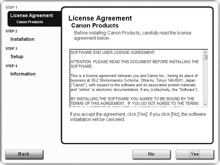 Move the cursor over items to display explanations. Read the License Agreement screen carefully and click Yes.