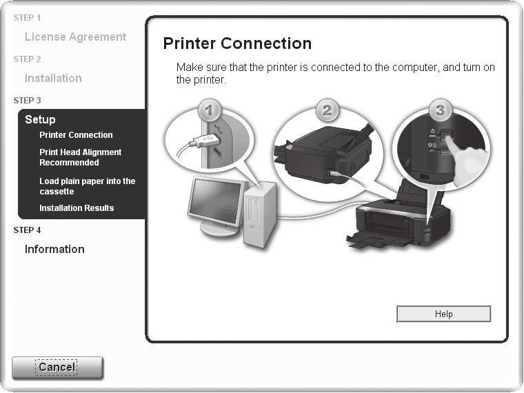 1 2 3 4 5 6 7 8 USB When the Printer Connection screen appears, connect one end of the USB cable to the computer, the other to the printer, then TURN THE PRINTER ON. Click Next.