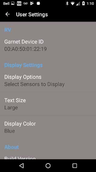 Configure the app: Android The user settings can be configured by selecting the configuration icon on the main display of the Garnet RV app.