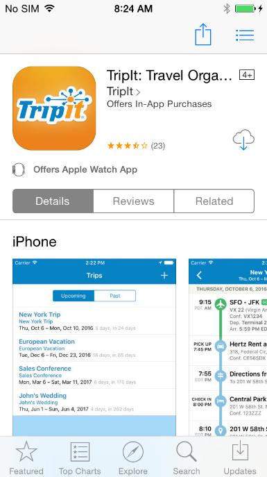 OTHER APPS Depending on your company's configuration, TripIt and other apps may be available for download. 1) On the home screen, tap (upper-left corner).