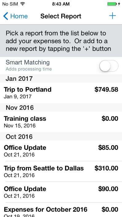 This icon does not appear for company cars. 2) On the Select Report screen, either tap the desired expense report or tap (upper-right corner) to create a new report.