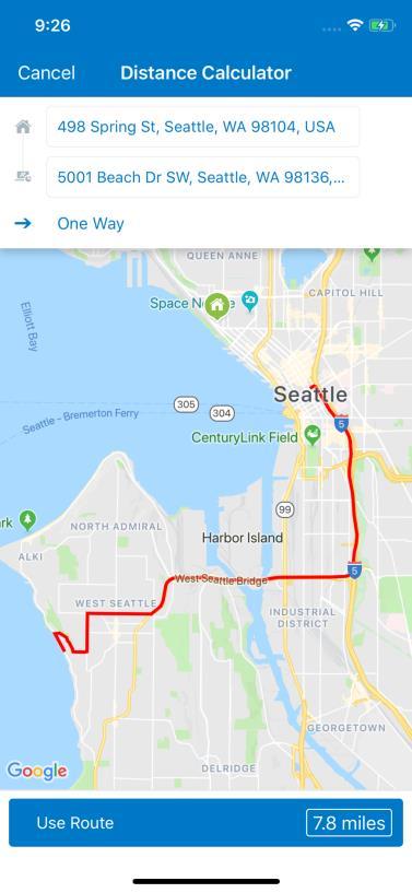 5) To deduct commute mileage: On the Route Details screen, tap Deduct Commute Distance. Define the starting and ending points using the map. Select whether the commute is one way or round trip.