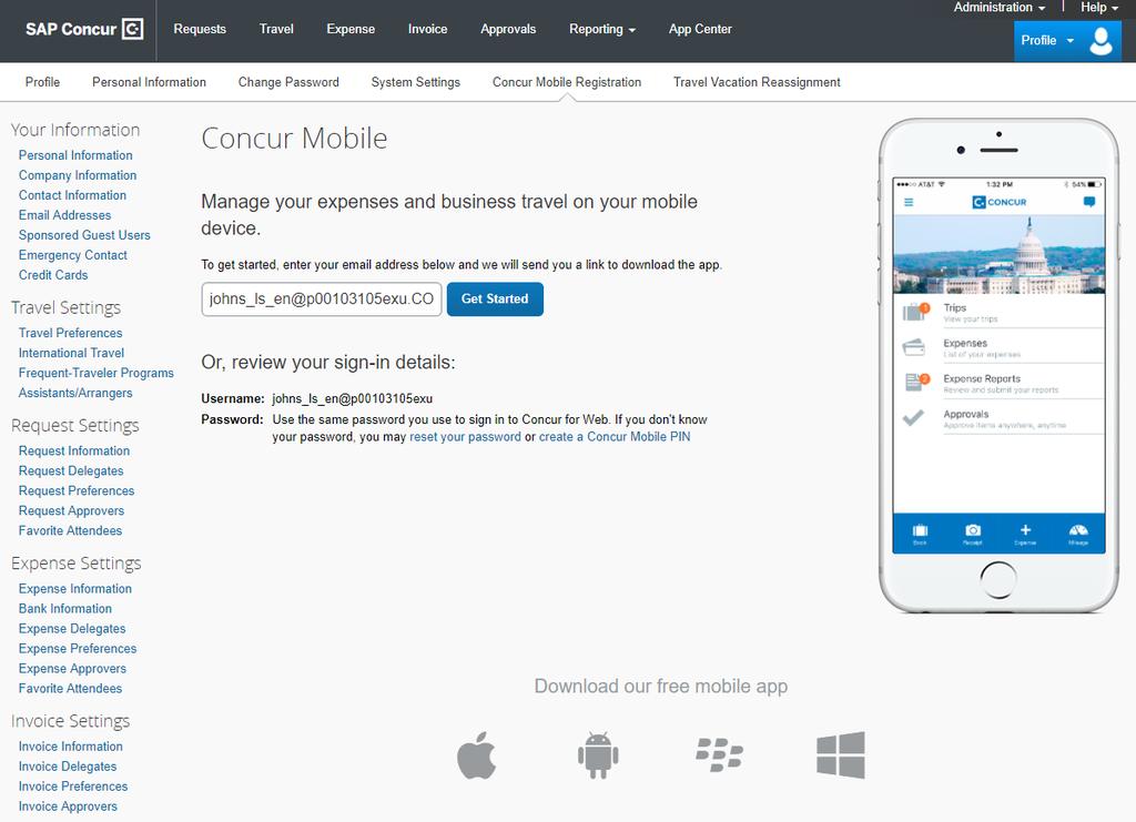 Download The Mobile Registration link appears on the Profile menu in the web version of SAP Concur. Two reasons to use this page: You can download the app or you can use this page to request a link.