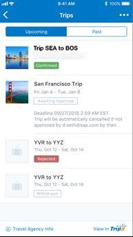 The home screen provides access to your trips, expenses, expense reports, approvals, and more.