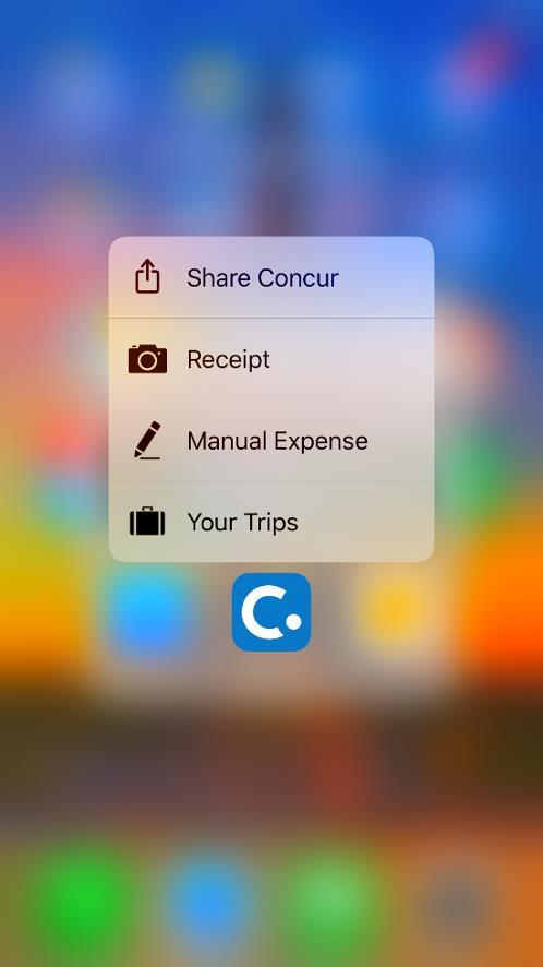 3D Touch Support iphone 6s and 6s Plus For users with iphone 6s and 6s Plus devices, the SAP Concur mobile app provides these options for the 3D Touch.