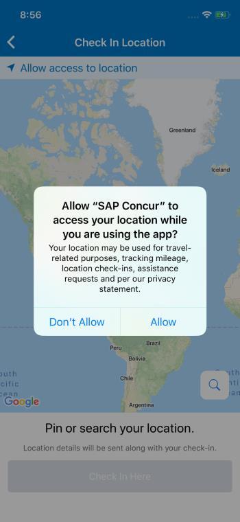 NOTE: While your mobile device is offline, the SAP Concur mobile app keeps and displays your previous check-in location details.