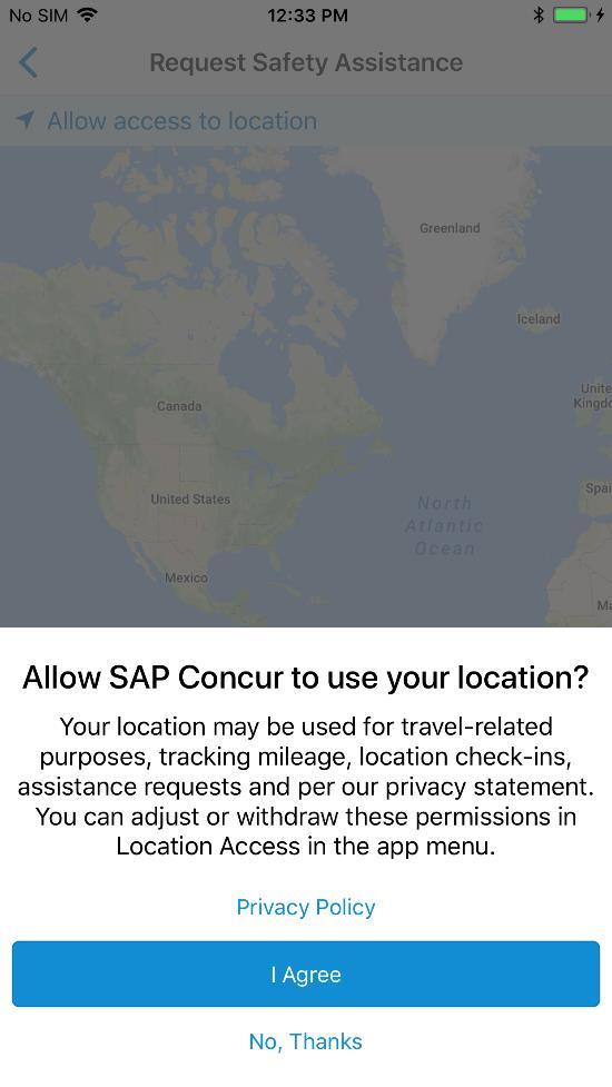 Location Access Use the Location Access feature to allow/disallow SAP Concur access to your location.