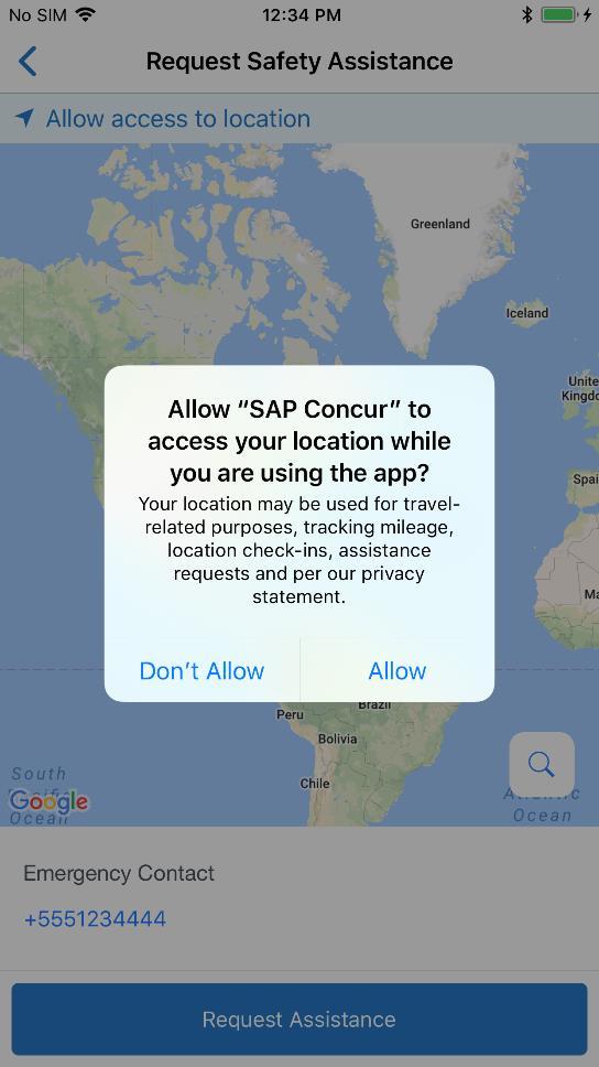 screen, tap either: I Agree or No, Thanks NOTE: If you tap I Agree, the Allow "SAP Concur" to access your location while you